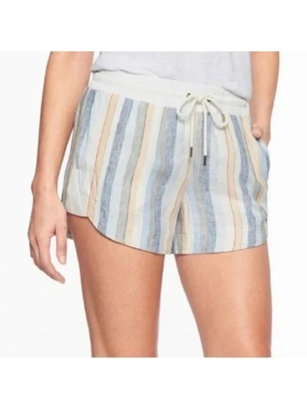 Athleta Women's 4 Striped Linen Blend Elastic Waist Shorts Multicolor C0767